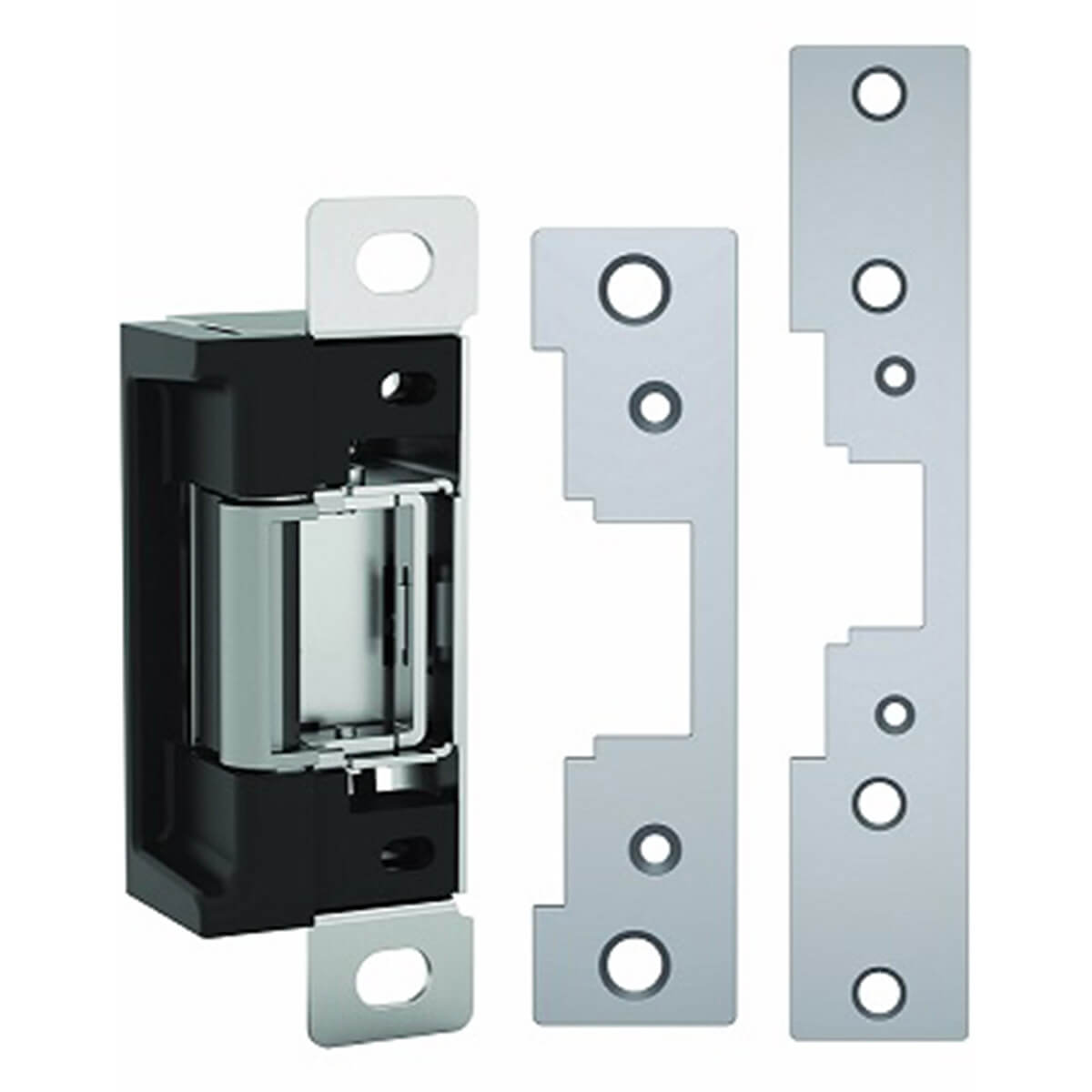 Electric door strike with metal faceplates displayed.