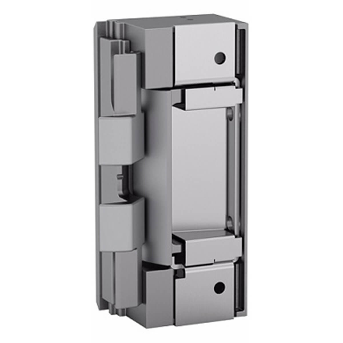 Metallic door hinge with security features displayed vertically.