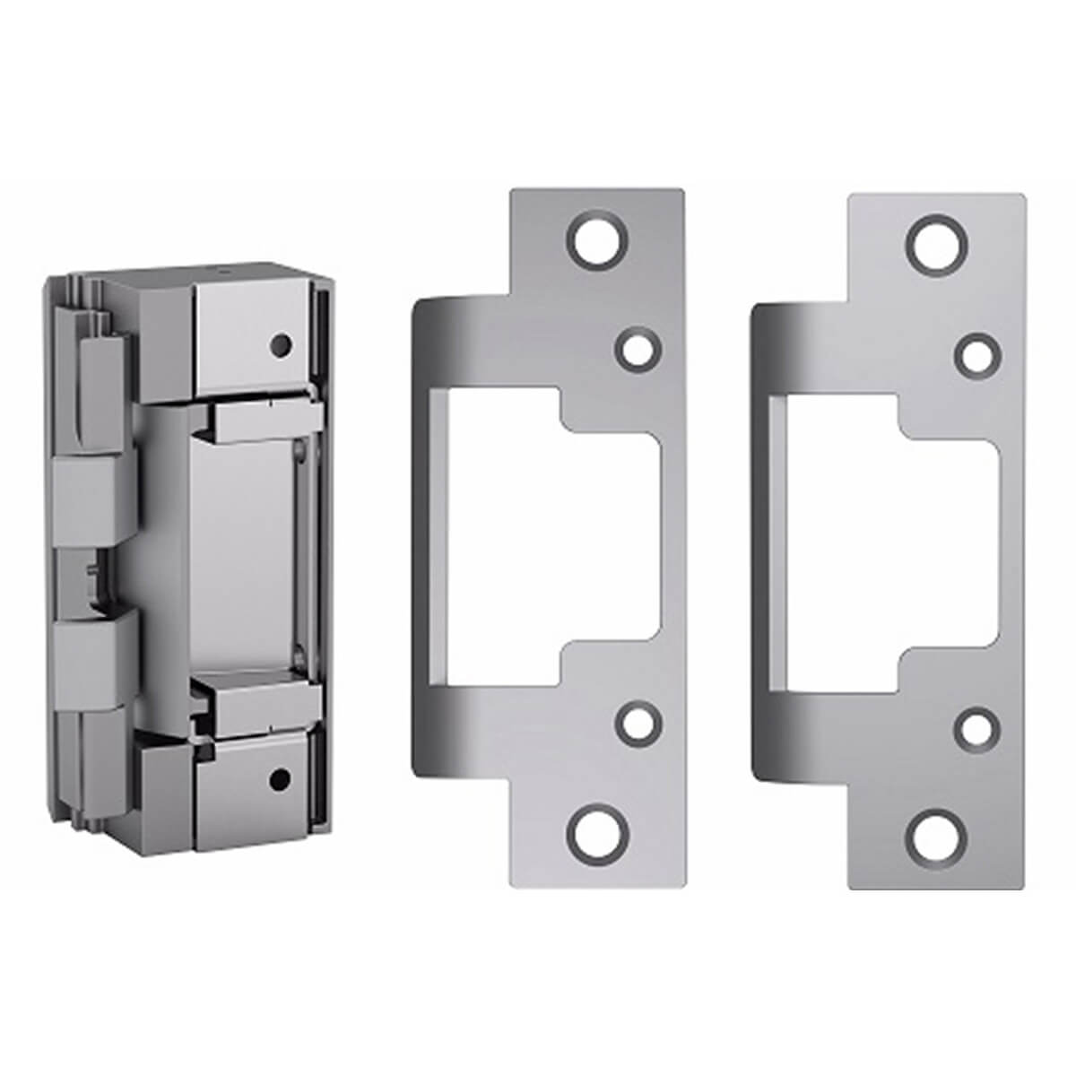 Security door hardware with strike plates displayed.