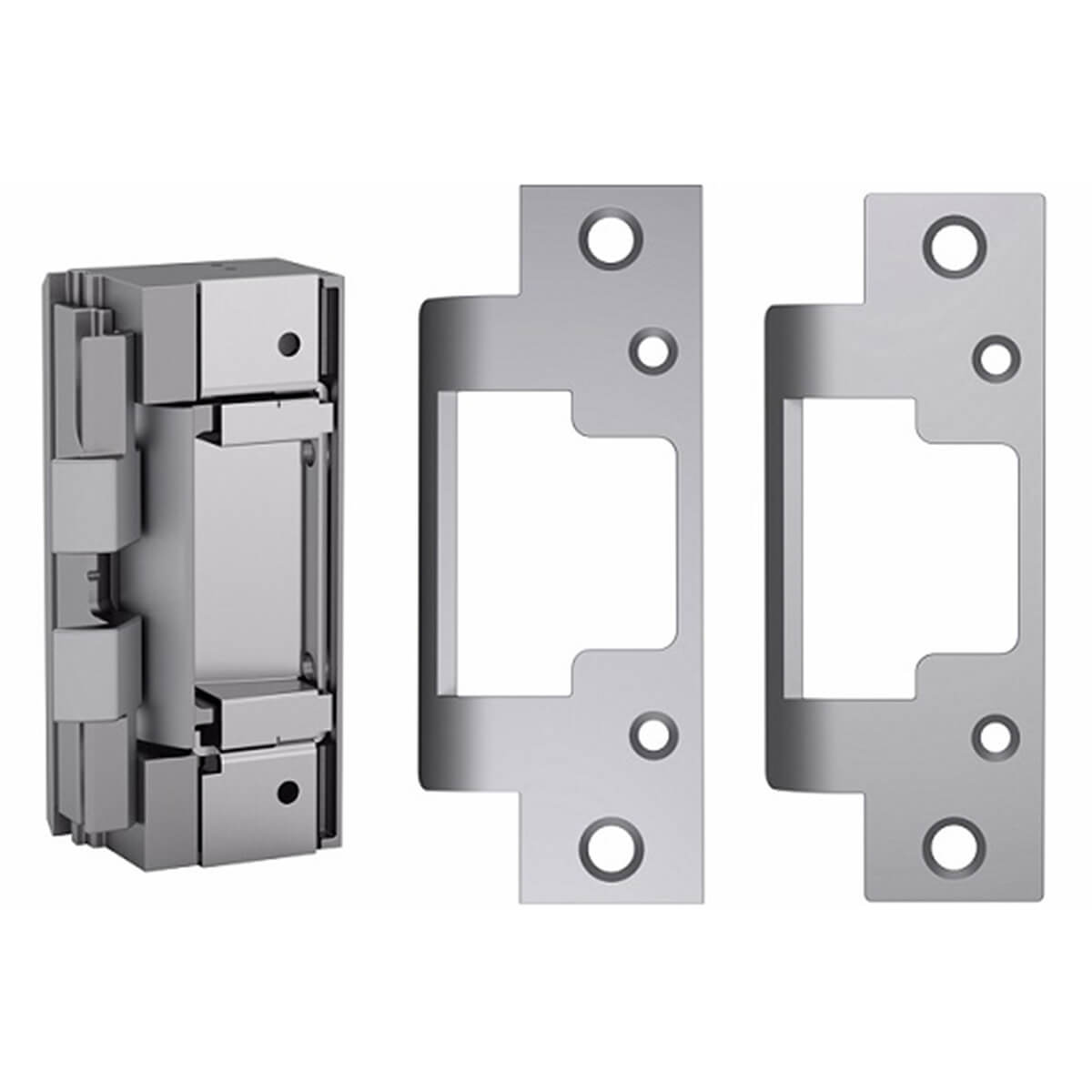 Three metal door strike plates, aligned in a row.