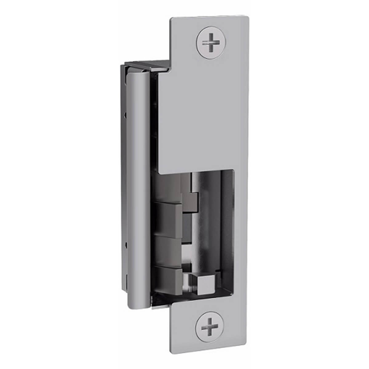 Silver strike plate for door security system.