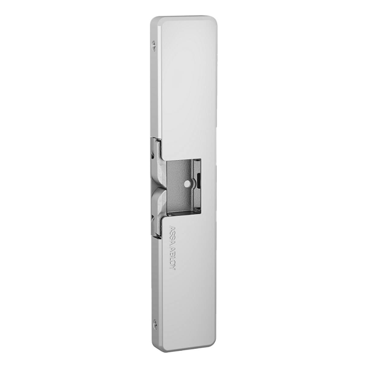 Silver door strike mechanism displayed upright and closed.