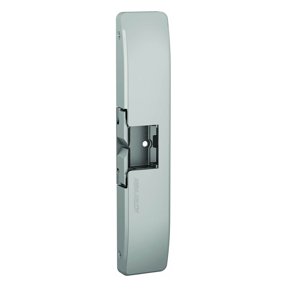 Silver electric door strike lock, vertical orientation.