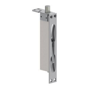 Metal door latch in upright position.