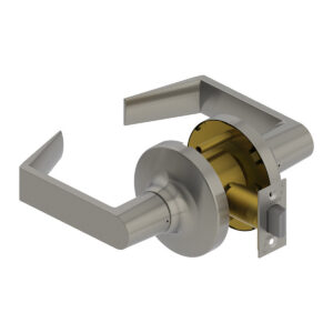 Silver door handle with built-in lock mechanism.