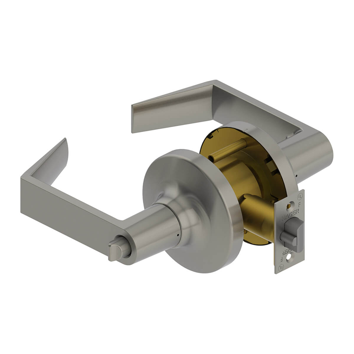 Silver door handle with open installation mechanism.