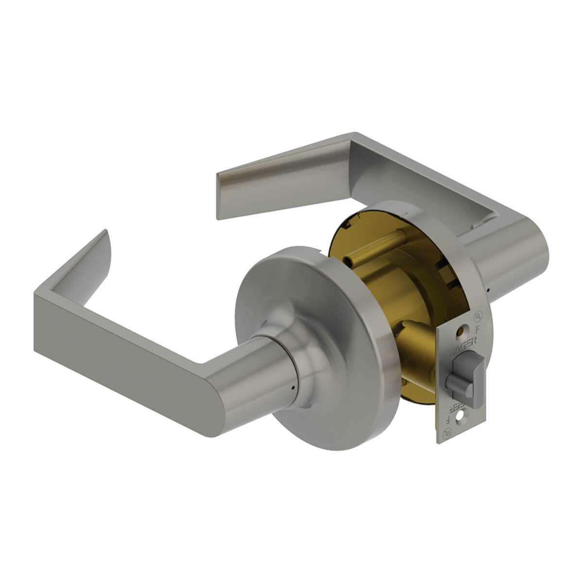 Stainless steel door lever with visible locking mechanism.