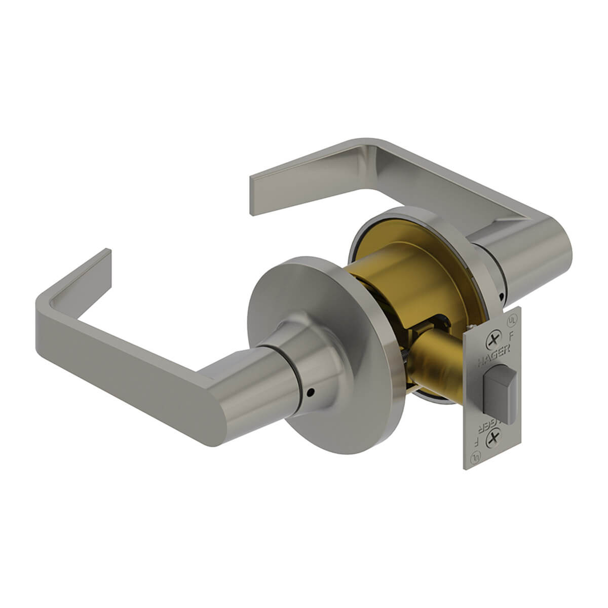 Silver door lever lock with latch mechanism exposed.