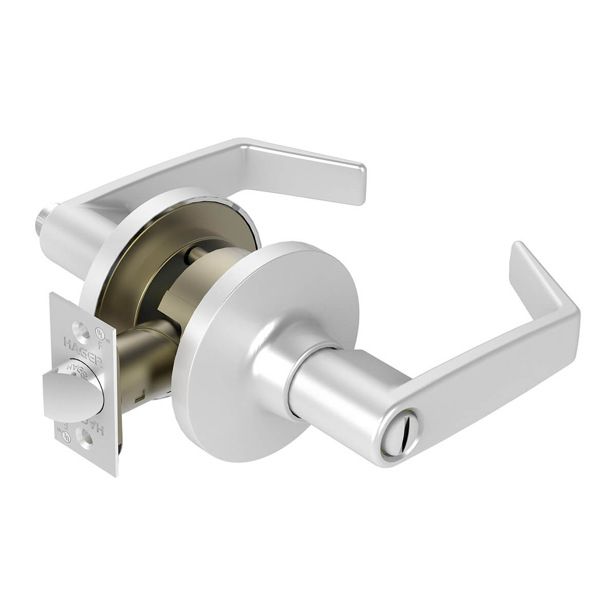 Silver door handle with lock mechanism close-up.