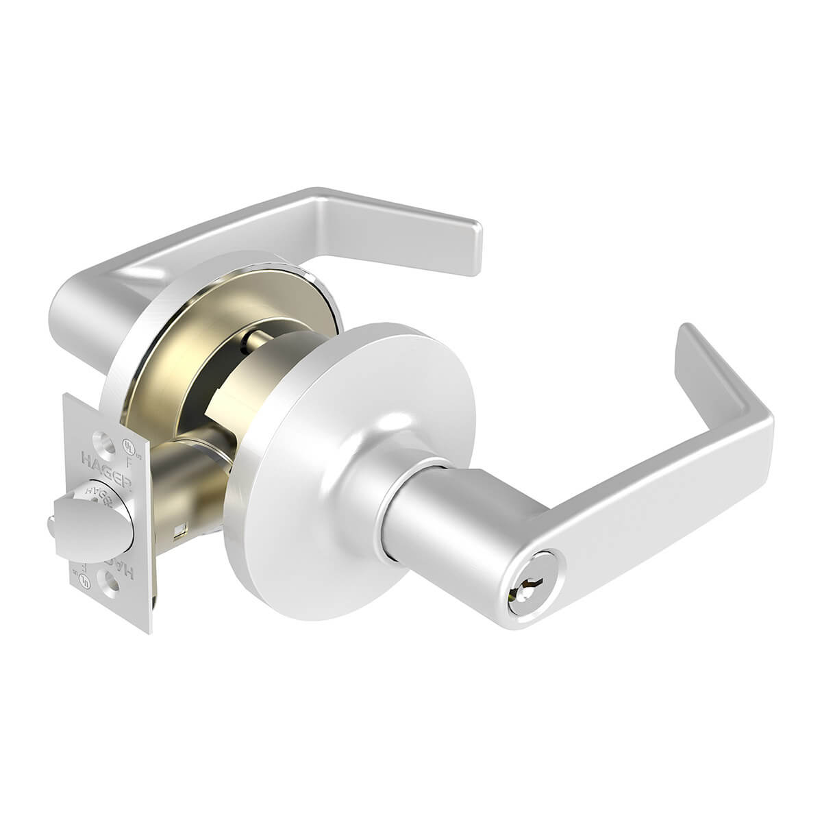 Silver door handle with attached locking mechanism.