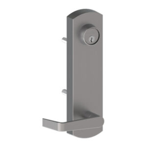 Silver door handle with keyhole, mounted vertically.