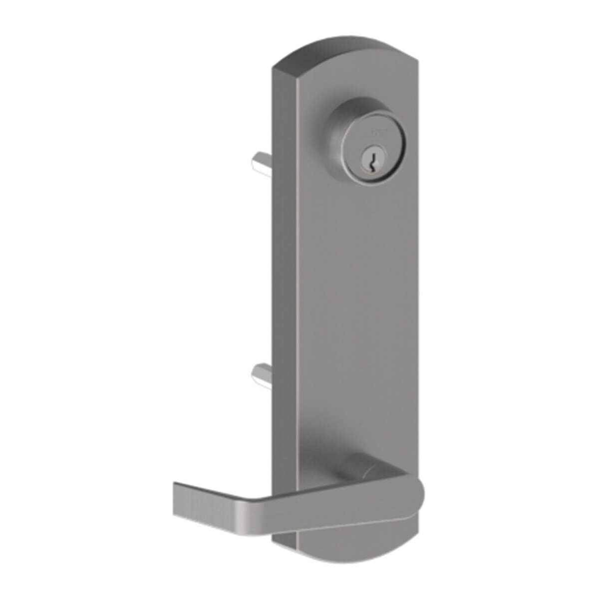 Silver door handle with keyhole, mounted vertically.