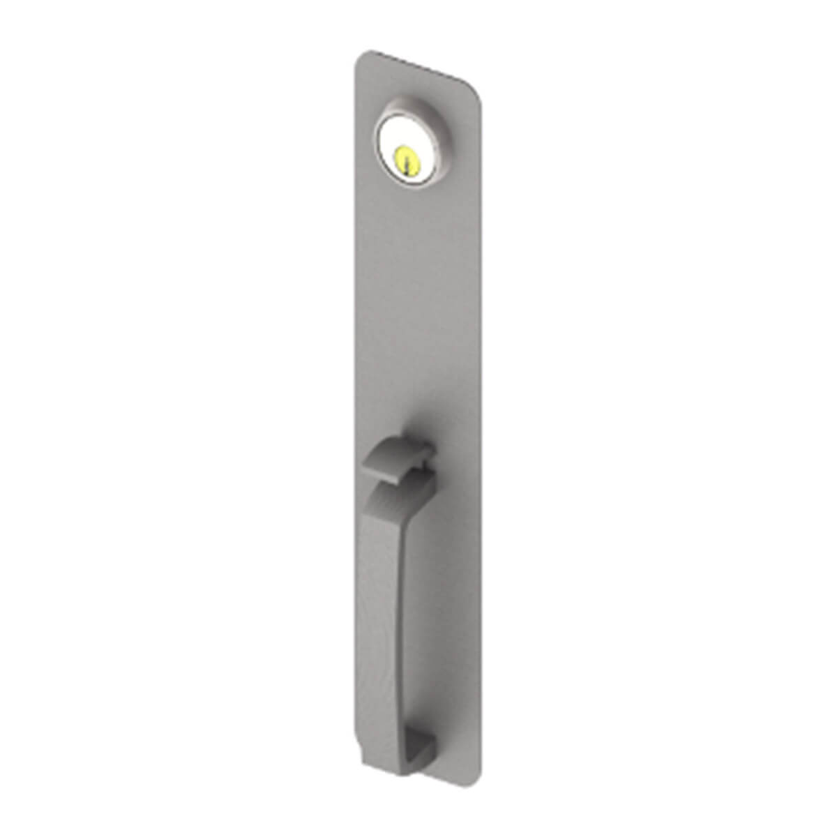 Vertical door handle with attached lock.