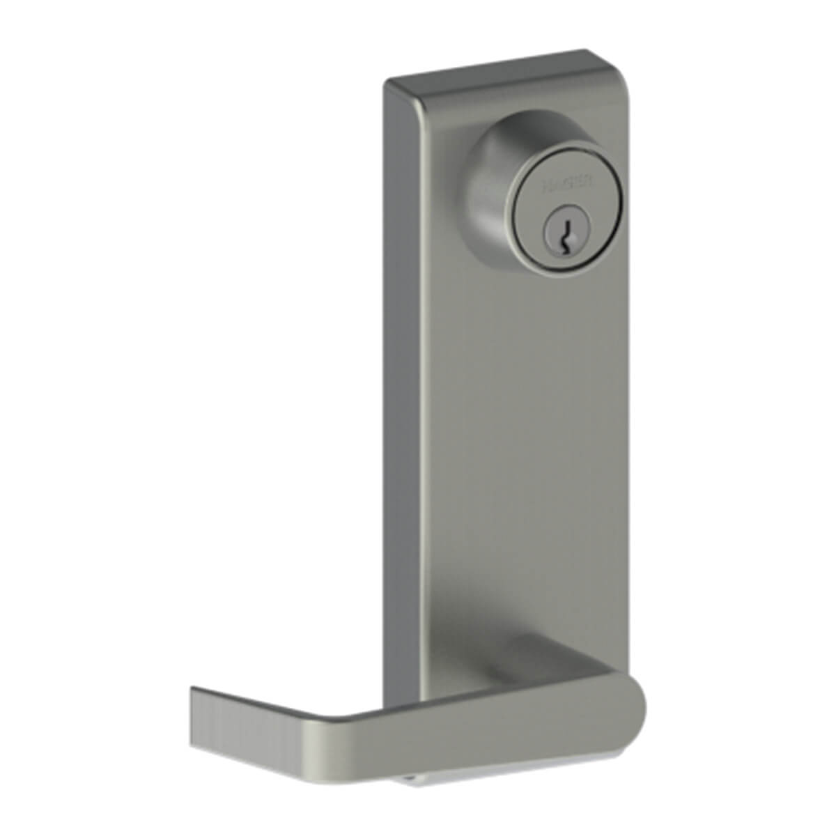 Silver door handle with a keyhole, side view.