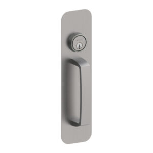 Silver door handle with integrated key lock.
