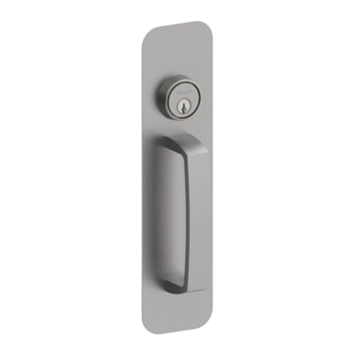 Silver door handle with integrated key lock.