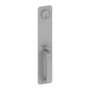 Gray handle with lock on rectangular plate.