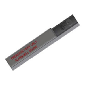 Emergency exit bar with alarm warning text.