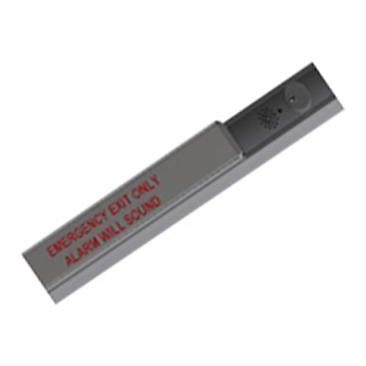 Emergency exit bar with alarm warning text.