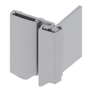 Gray aluminum hinge/profile corner with interlocking channels between two panels, showing snap-fit joints.