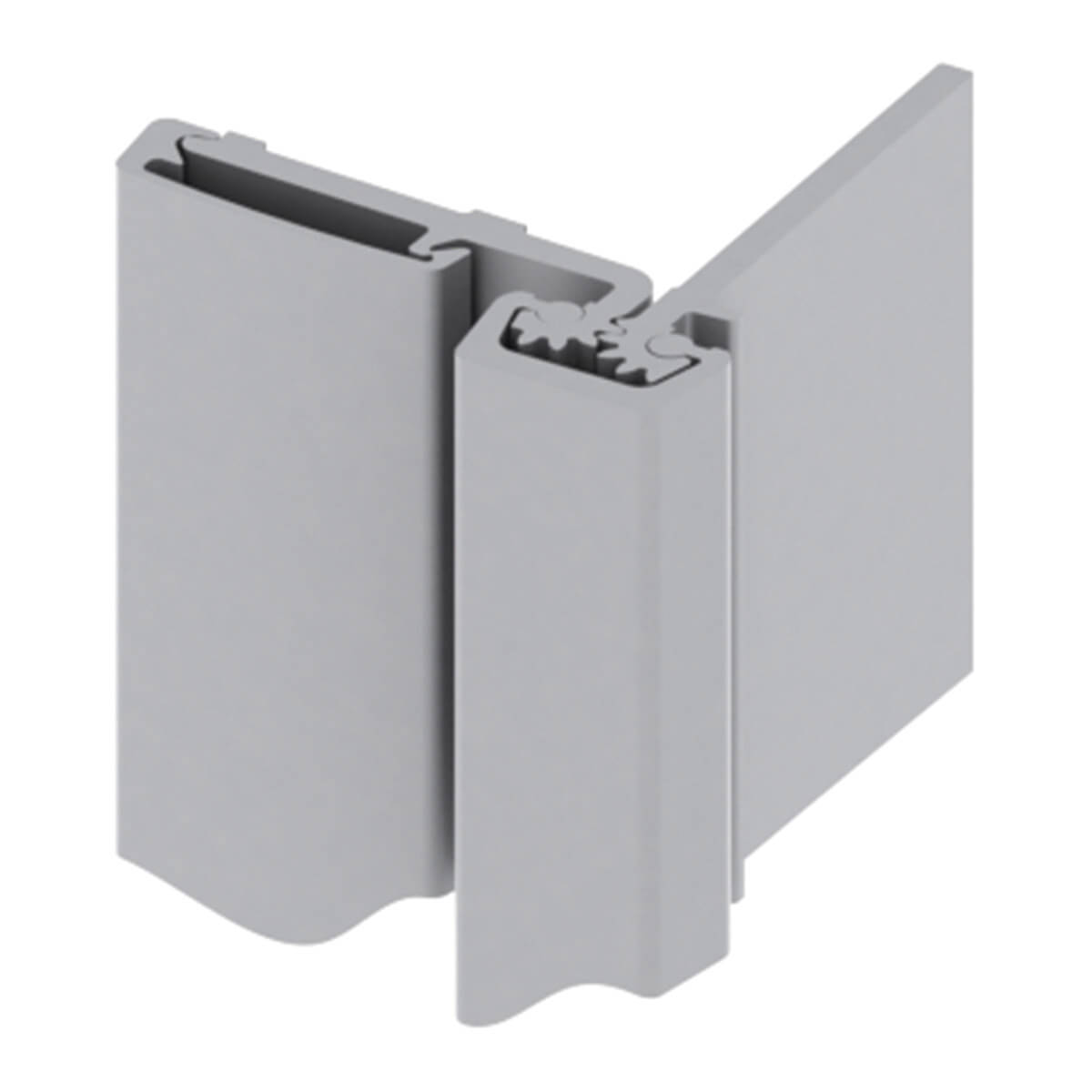 Gray aluminum hinge/profile corner with interlocking channels between two panels, showing snap-fit joints.