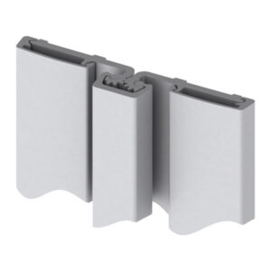Three light gray interlocking aluminum U-channel profiles joined together, showing matching tongues and grooves for modular connection.