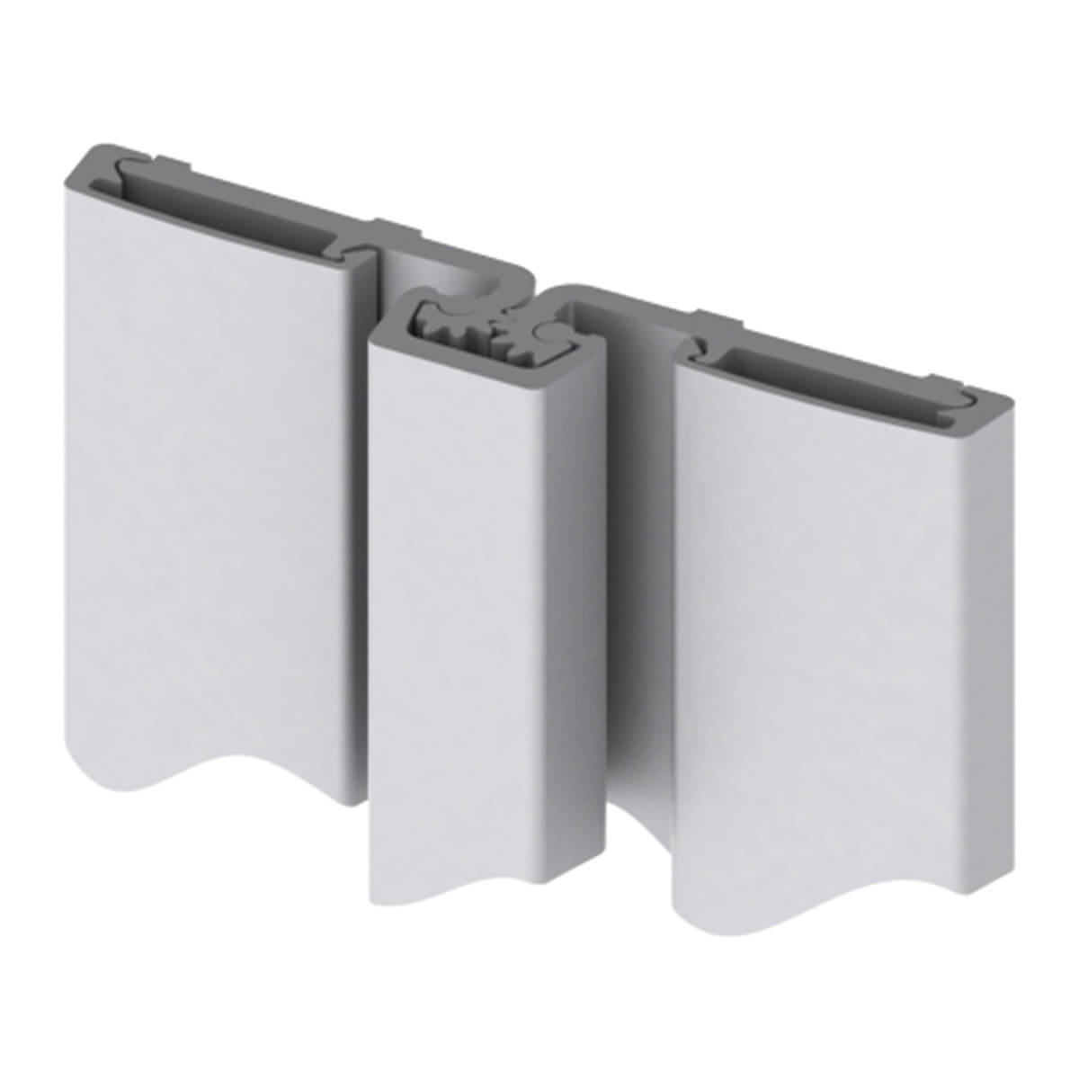 Three light gray interlocking aluminum U-channel profiles joined together, showing matching tongues and grooves for modular connection.