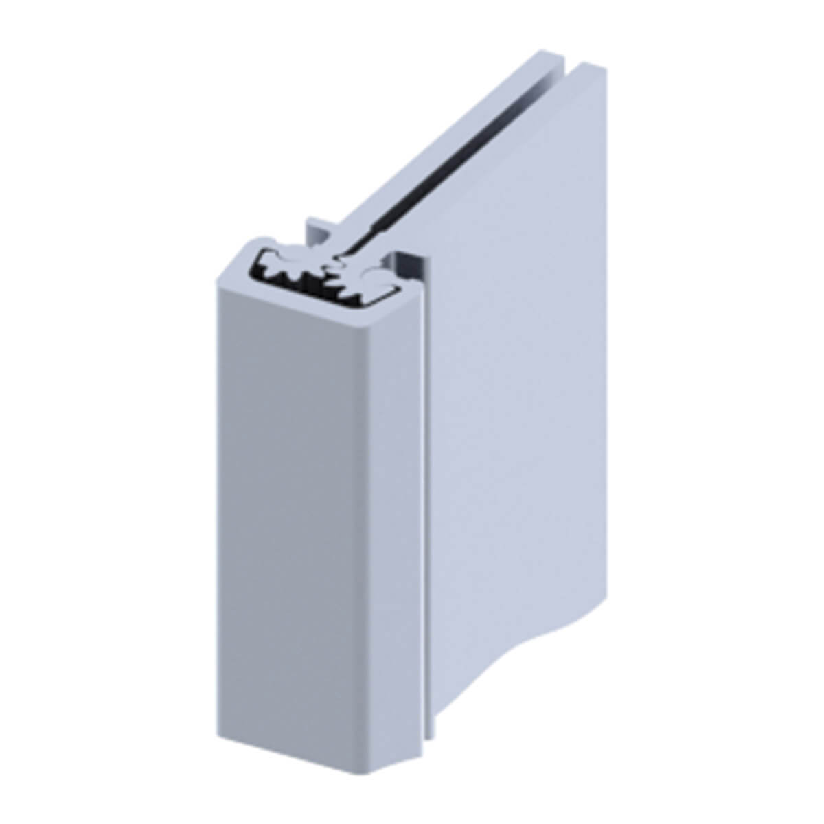 Cross-section of a light gray metal door/window frame profile with a groove along the length, showing a joinable channel edge.