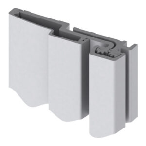Cross-section of a gray interlocking extrusion with two vertical ribs and a central channel for mounting or framing.