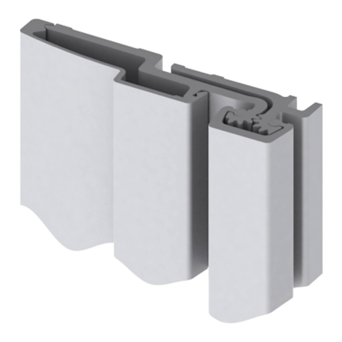 Cross-section of a gray interlocking extrusion with two vertical ribs and a central channel for mounting or framing.