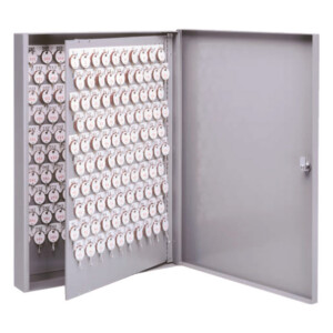 Open key cabinet displaying organized numbered keys.