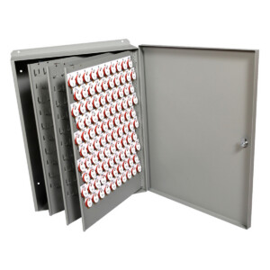 Wall-mounted key cabinet with multiple numbered hooks.