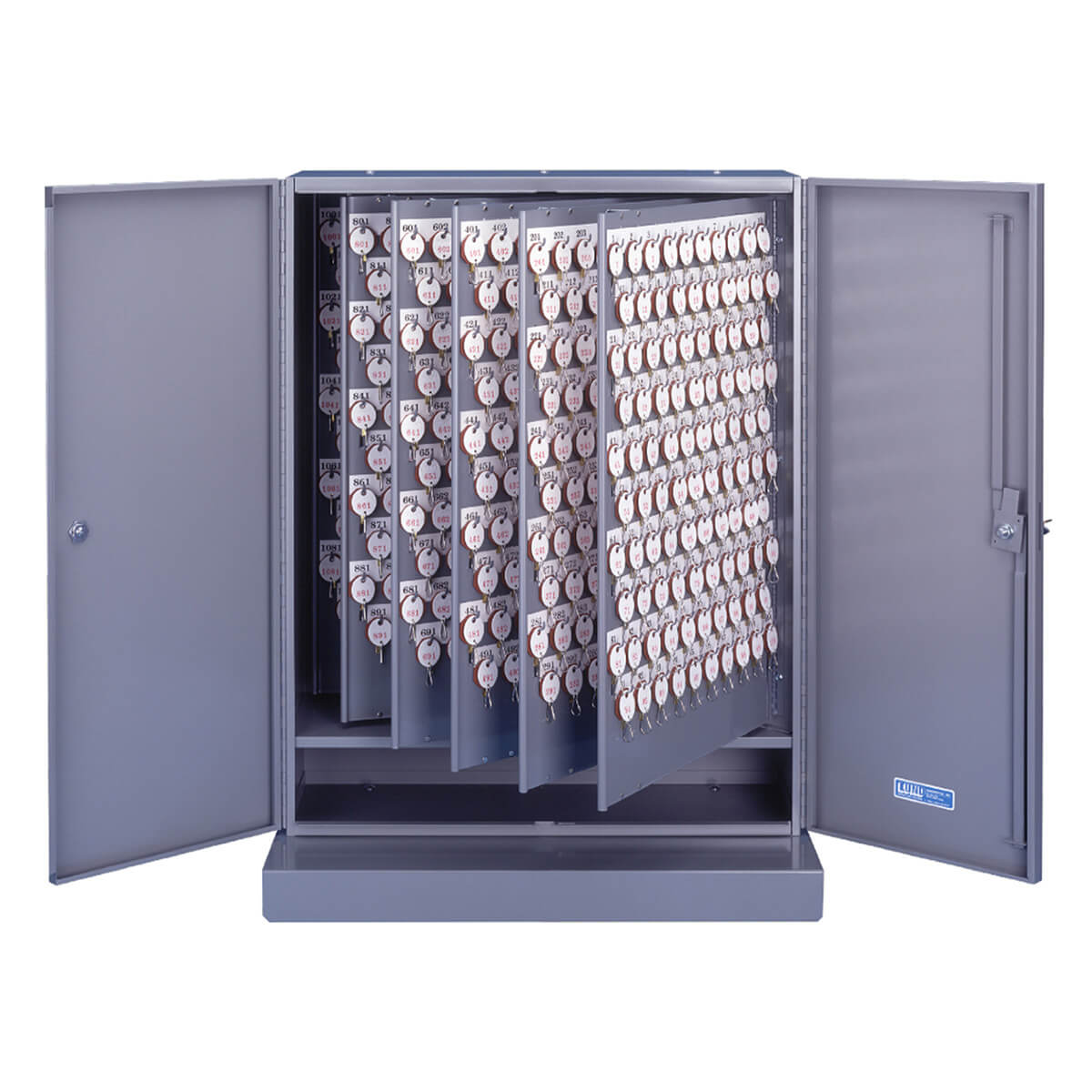 Metal cabinet displaying numerous hanging keys neatly organized.