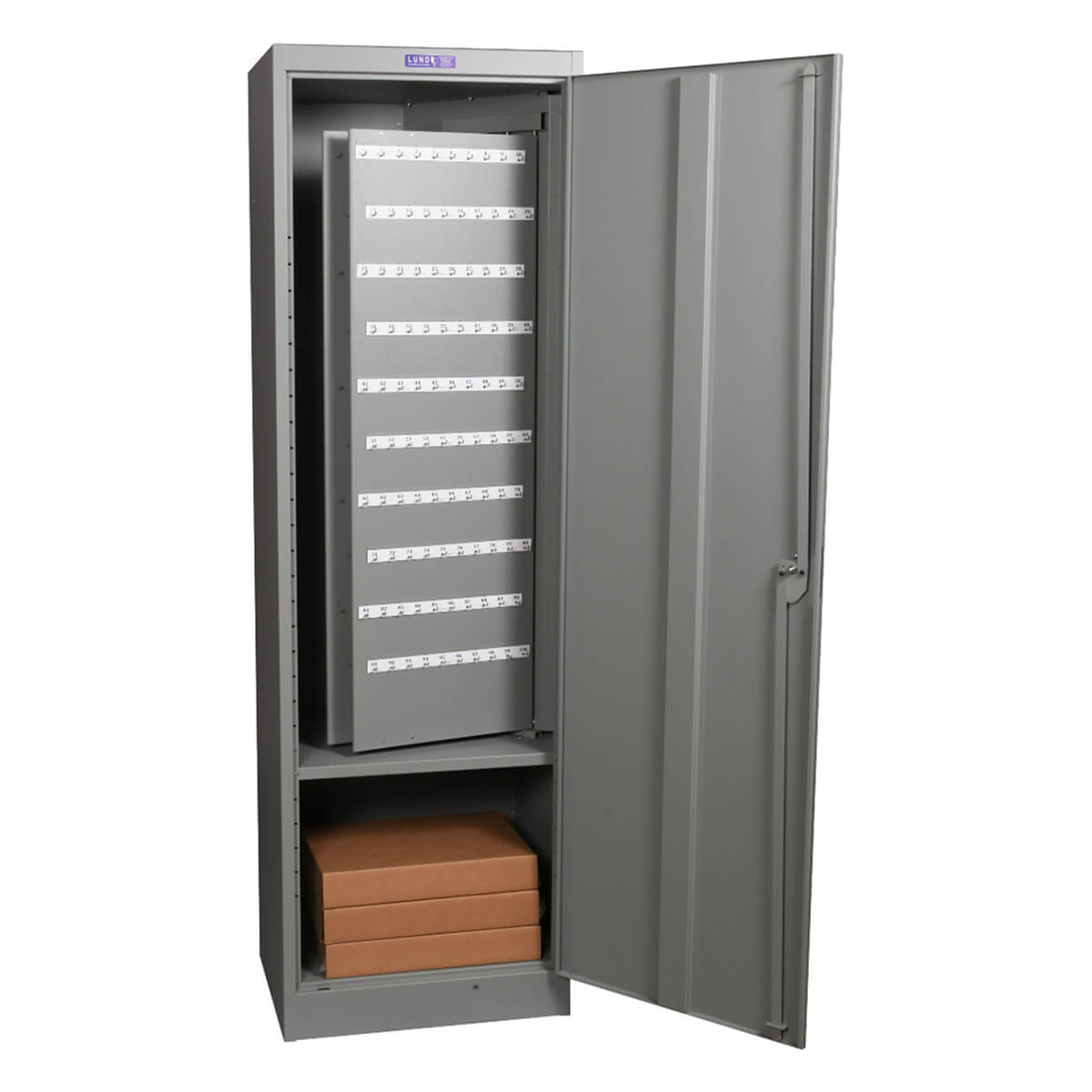 Open, gray cabinet with shelves and boxes inside.