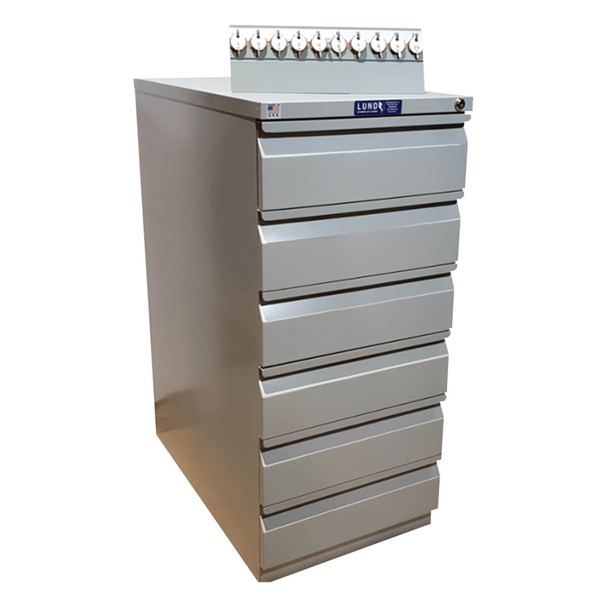 Tall metal cabinet with multiple closed drawers.