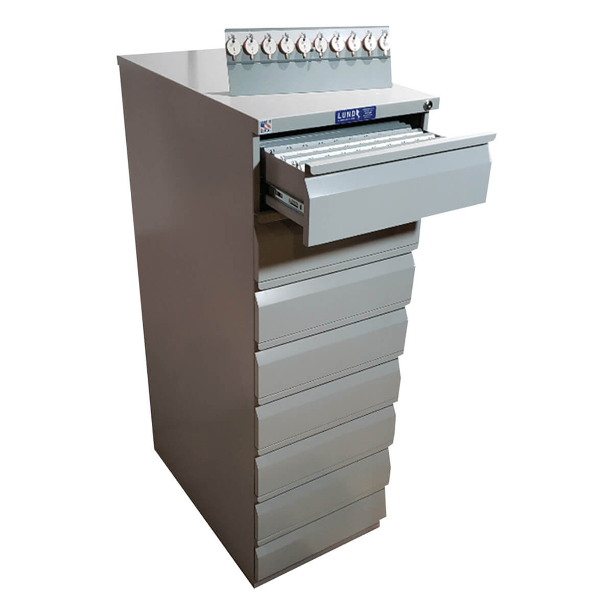 Tall cabinet with open drawer and multiple locks.