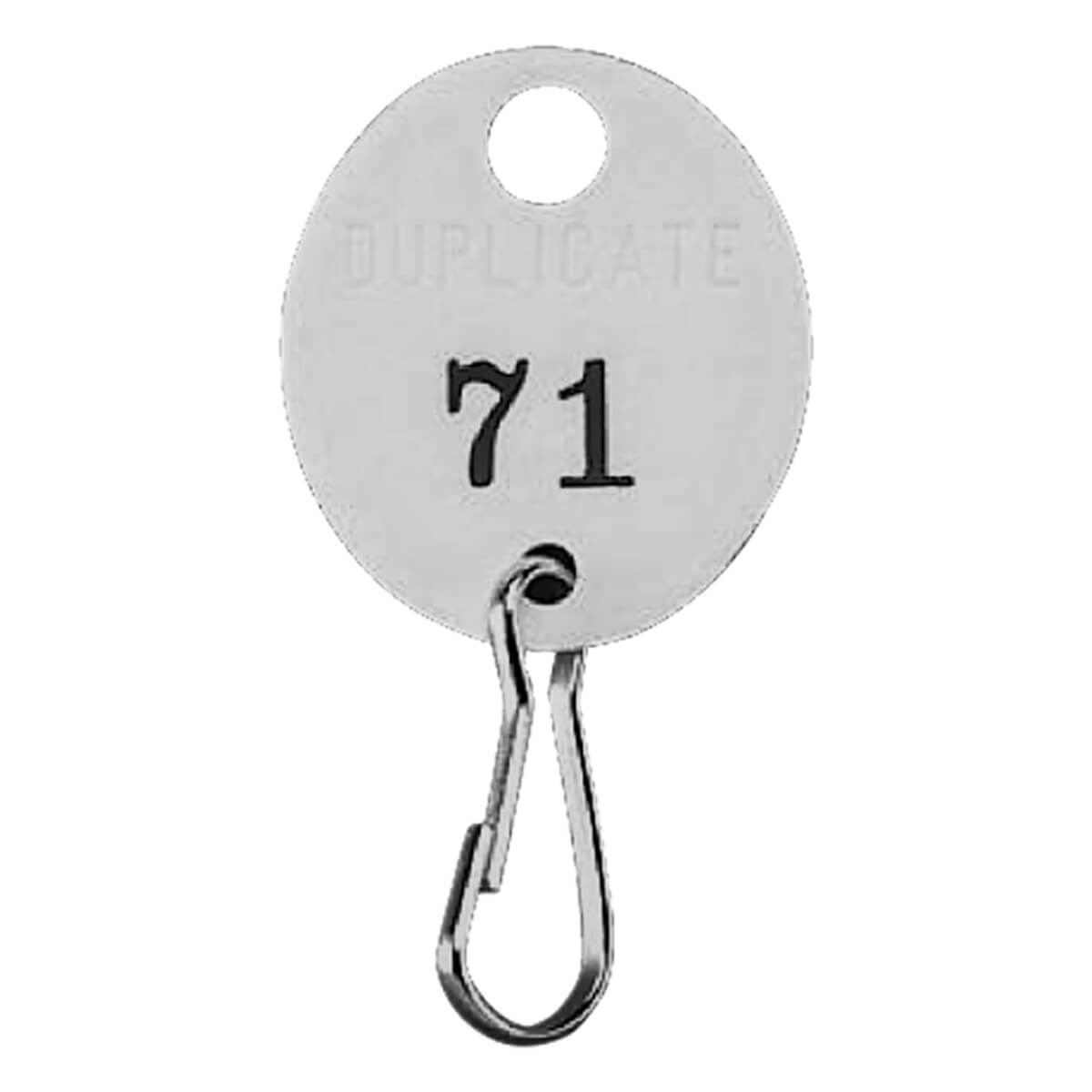 Metal key tag with number 71 and hook.