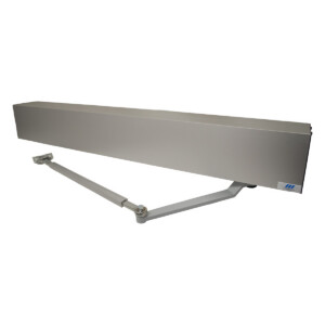 Automatic door closer with extending arm, silver finish.