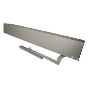 Automatic door closer in metallic finish, angular view.