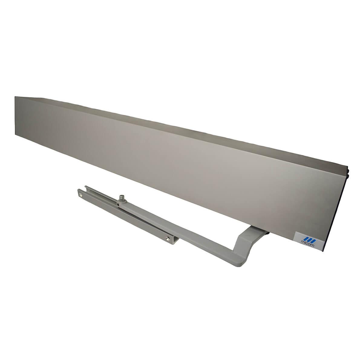 Automatic door closer in metallic finish, angular view.
