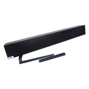 Black door closer with mounting arm extended outward.