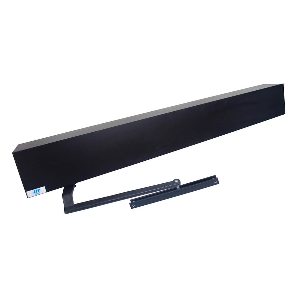 Black door closer with mounting arm extended outward.