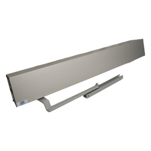 Automatic door closer and arm mechanism, silver finish.