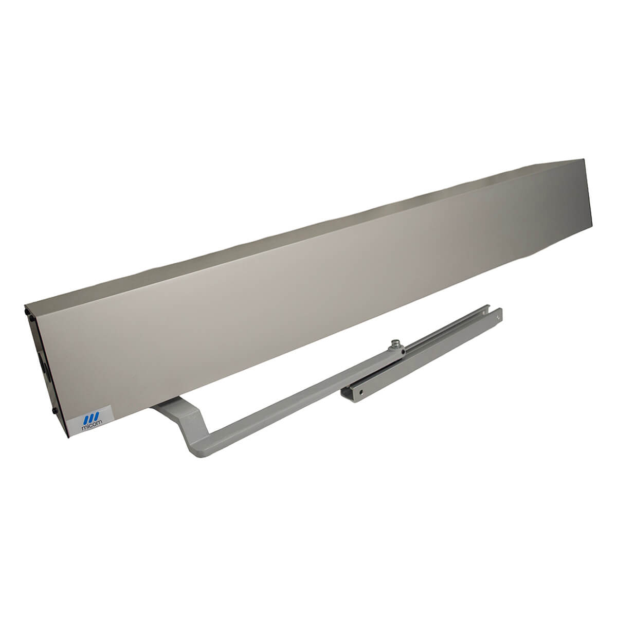 Automatic door closer and arm mechanism, silver finish.