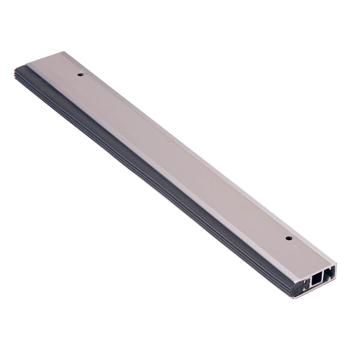 Metal door sweep lying diagonally on white background.