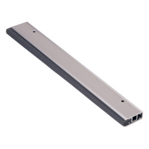 Metallic door threshold bar, angled view.