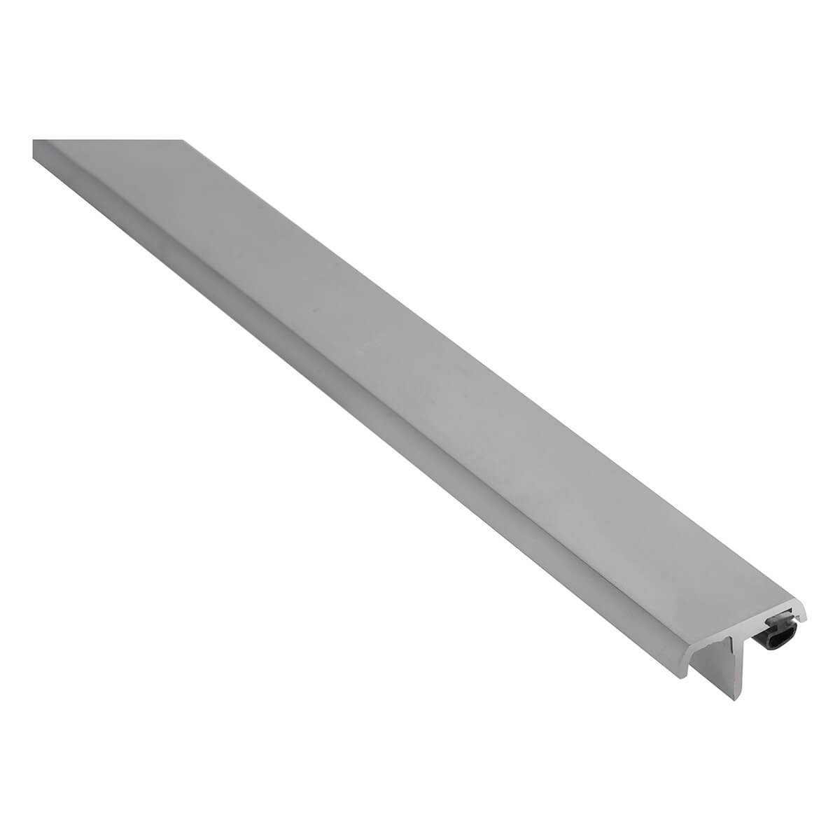 Metal door threshold angled on white background.