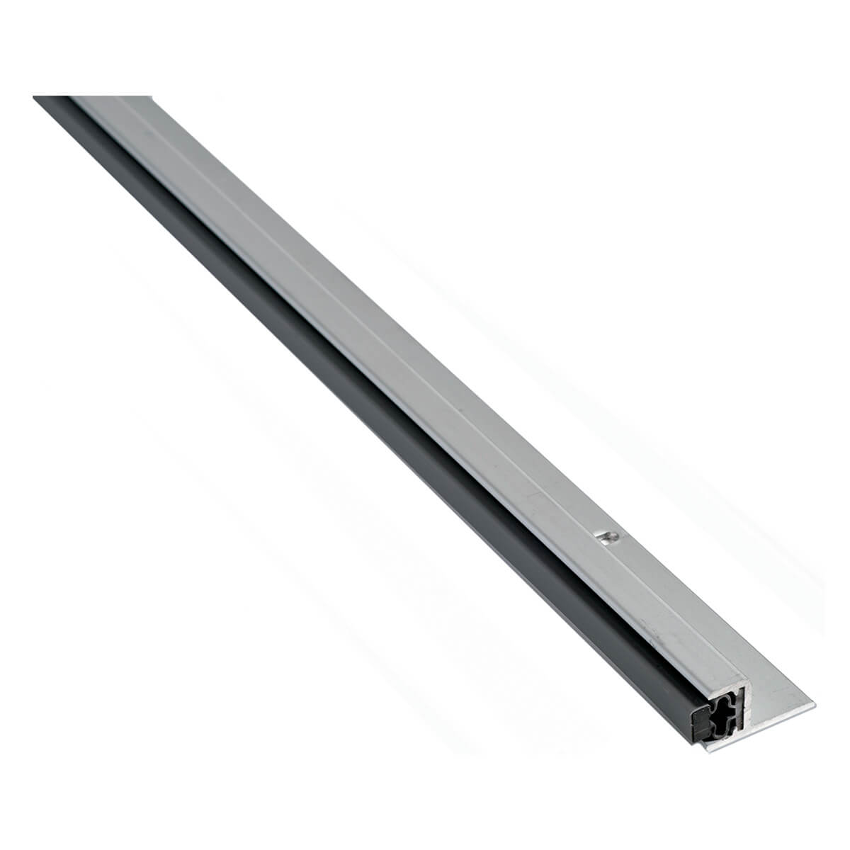 Metal door seal strip lying on white background.