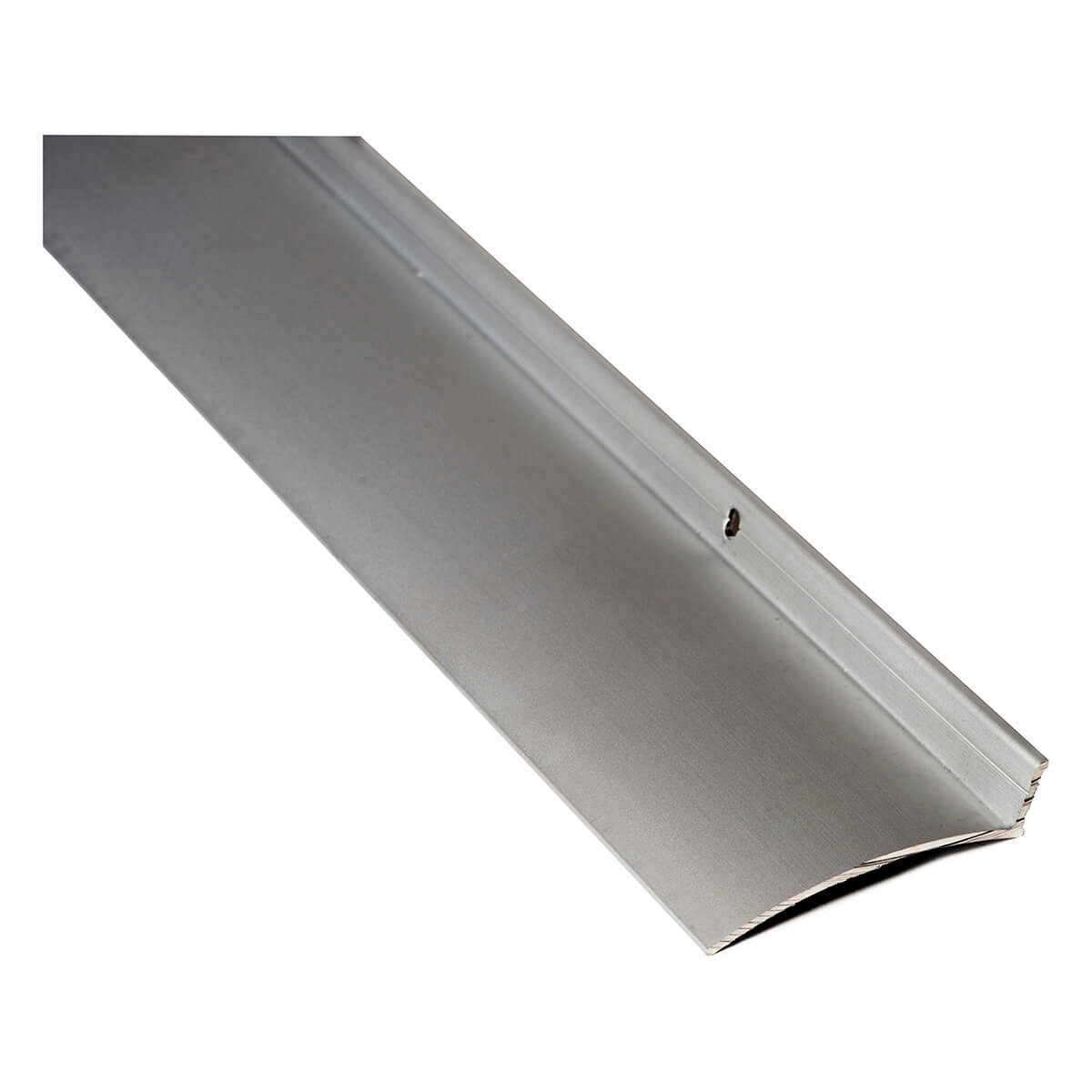 Metal door threshold with pre-drilled mounting hole.