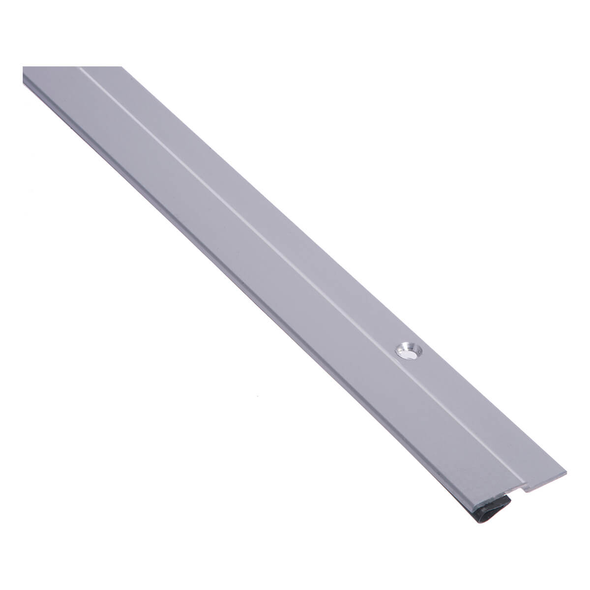Metal door threshold strip with pre-drilled hole.